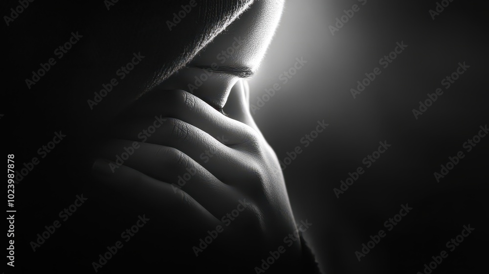 Naklejka premium A thoughtful silhouette of a person in deep contemplation with a soft light illuminating their features.