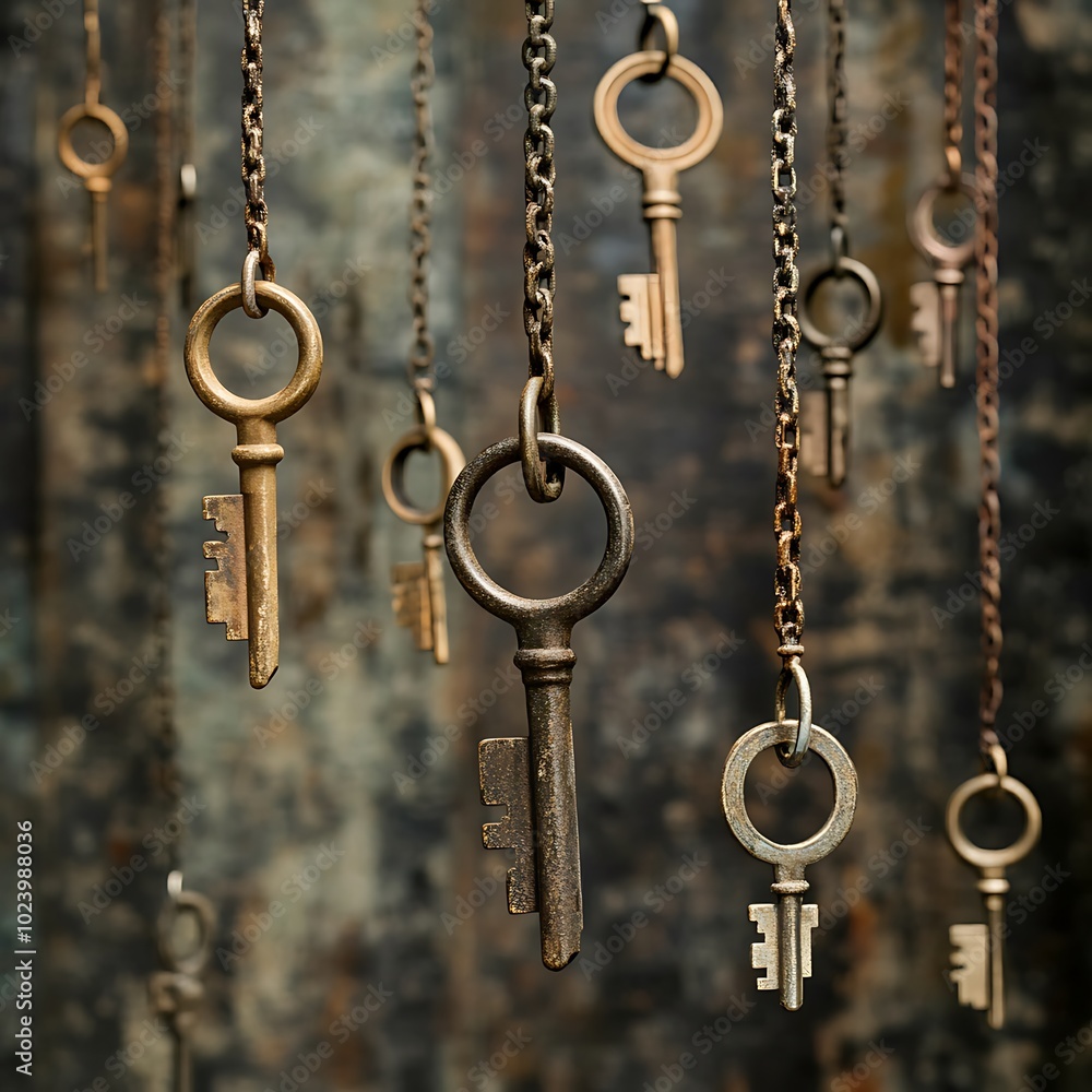 A collection of hanging keys in various styles and colors, creating a visually intriguing display. A collection of hanging keys in various styles and colors, creating a visually intriguing display.