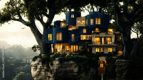 Modern house perched on a c...