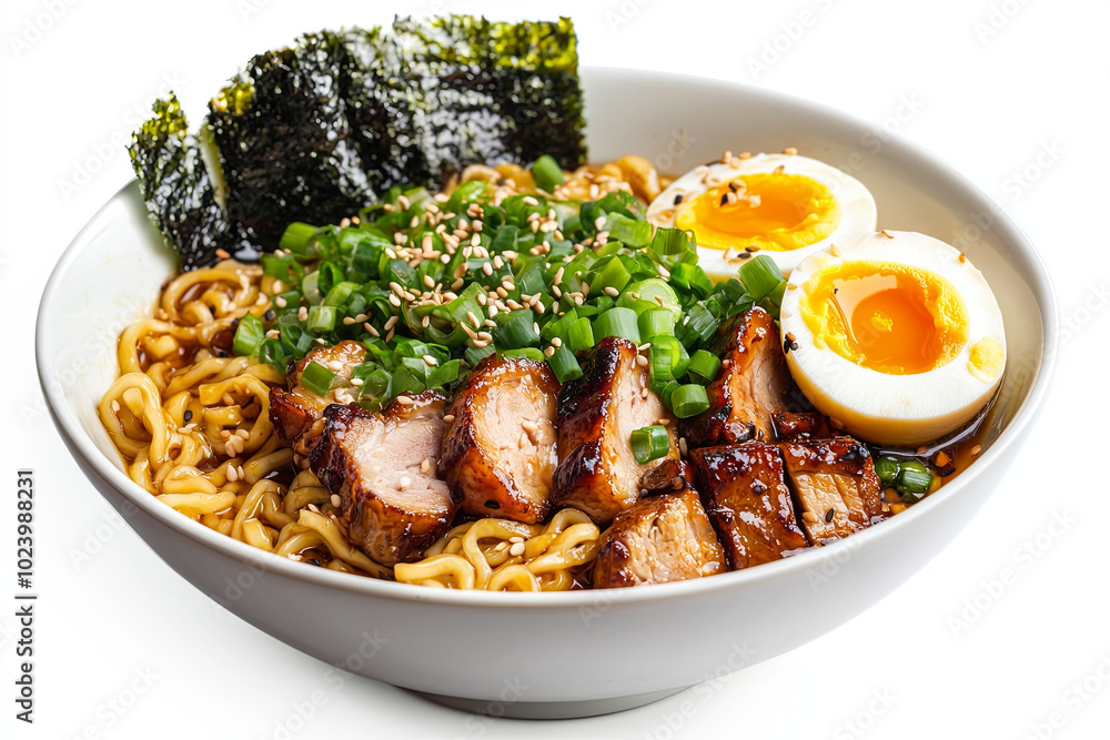 Delicious bowl of ramen featuring tender grilled chicken, soft boiled eggs, and fresh green onions, garnished with seaweed and sesame seeds for flavorful experience Delicious bowl of ramen featuring tender grilled chicken, soft boiled eggs, and fresh green onions, garnished with seaweed and sesame seeds for flavorful experience