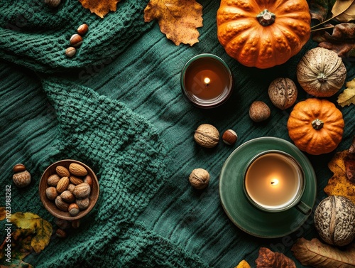 Autumn themed flatlay with pumpkins nuts acorns coffee and candle on green table cloth