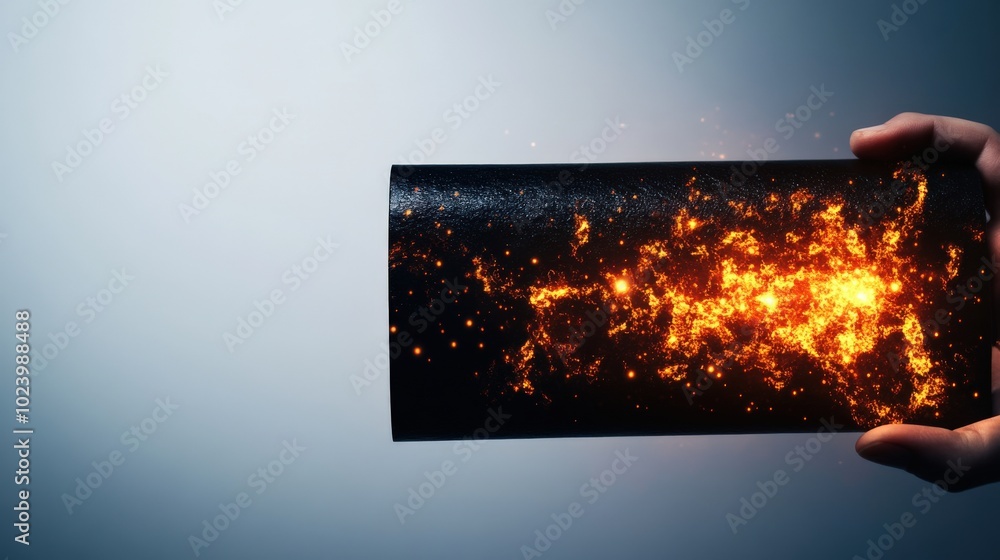 Fototapeta premium Hand holding a glowing, fiery cylindrical object with sparkles against a dark background.