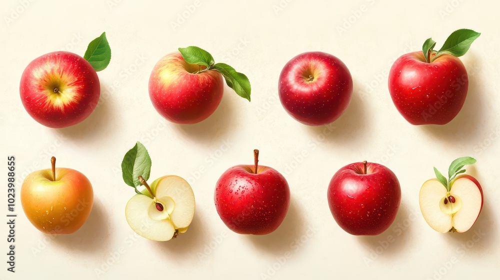 Variety of fresh red apples on a white isolated background, showcasing their colors and textures. Variety of fresh red apples on a white isolated background, showcasing their colors and textures.