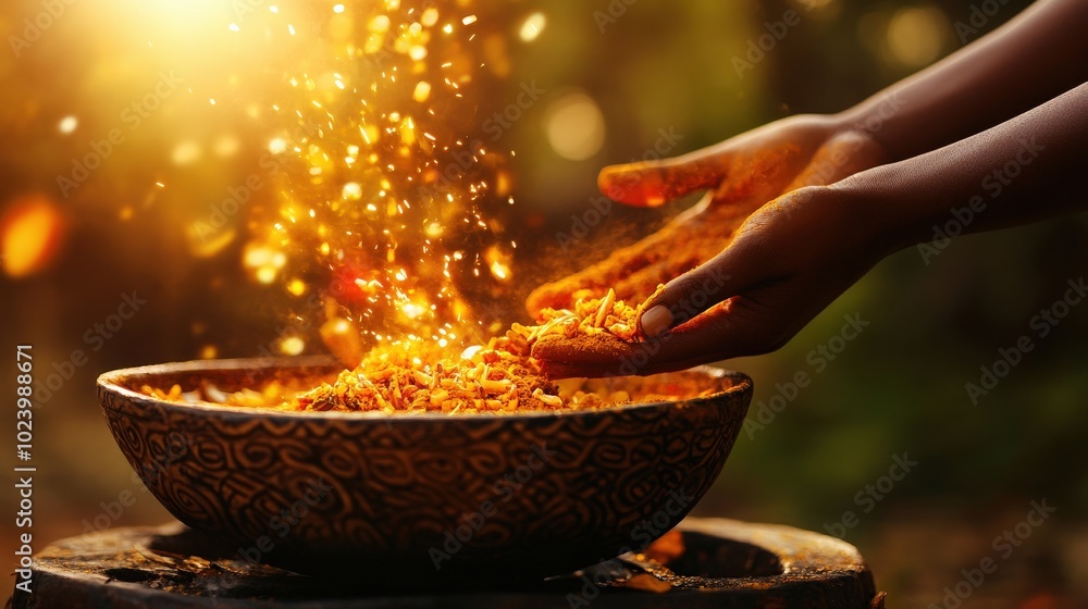 Hands pouring golden grains from a bowl, illuminated by soft sunlight in nature. Hands pouring golden grains from a bowl, illuminated by soft sunlight in nature.
