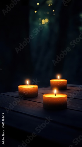 Three glowing candles on a wooden table, providing warm light in a serene atmosphere.