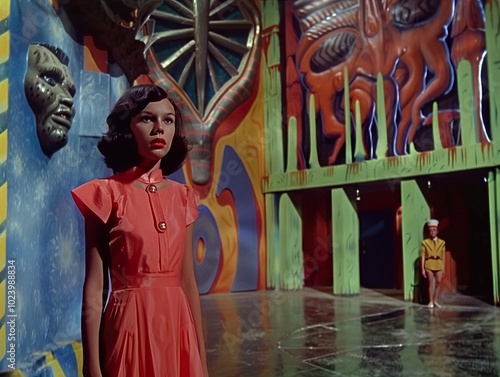 Wallpaper Mural Surreal Futuristic Film Set Design with Woman in Red Dress Torontodigital.ca