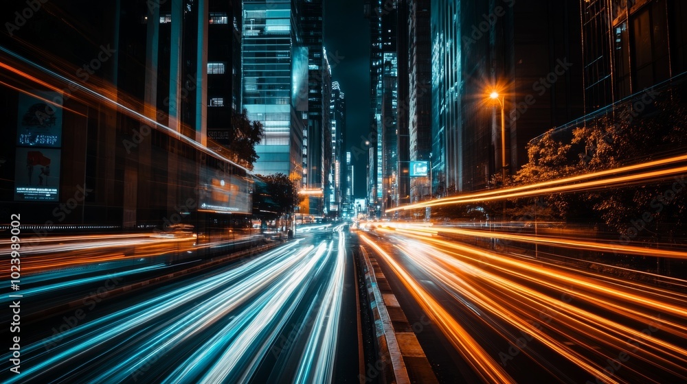 Obraz premium Long-exposure light trails from cars illuminate an urban cityscape at night, showcasing vibrant motion against towering skyscrapers