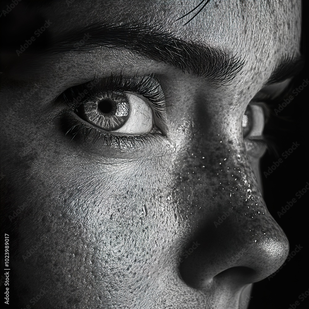 Naklejka premium Intense Close-Up Portrait of a Woman's Face in Black and White