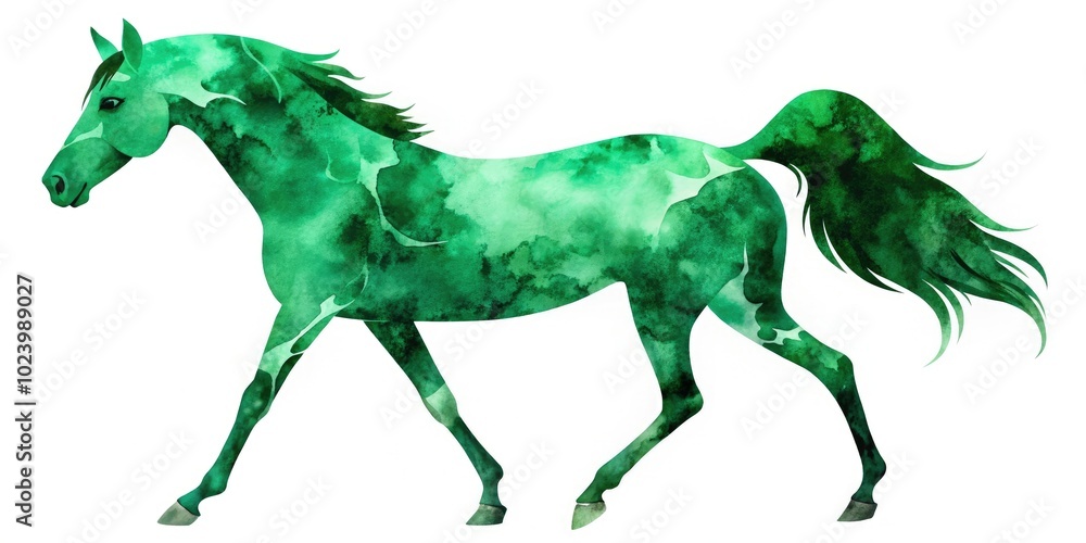 Obraz premium An elegant Arabian horse silhouette adorned with beautiful emerald watercolor textures, embodying the essence of equestrian art and celebrating the majesty of these magnificent creatures.