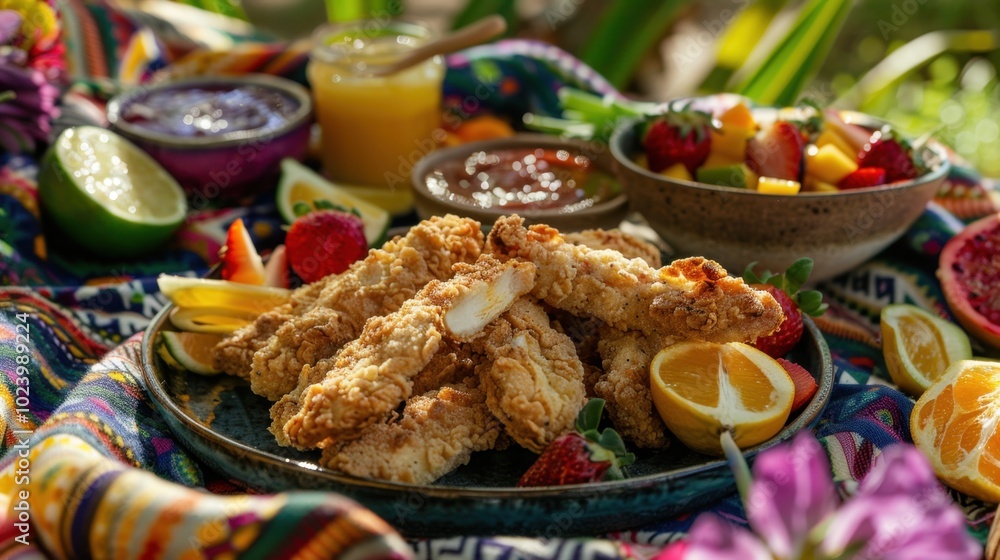 Crispy Fried Chicken with Fresh Fruits and Dipping Sauces Crispy Fried Chicken with Fresh Fruits and Dipping Sauces