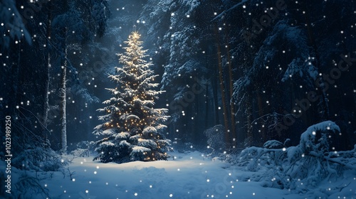 Snow covered christmas tree in winter forest with copy space at night