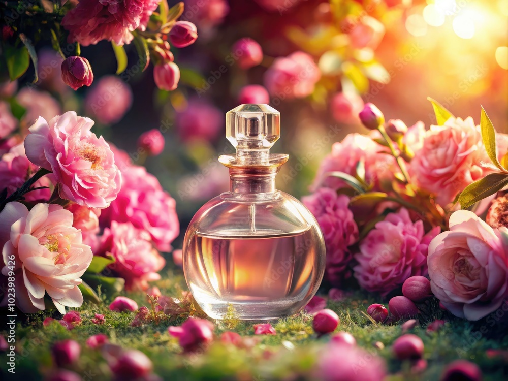 An exquisite perfume bottle surrounded by soft pink blooms, radiating aromatic elegance and beauty, beckoning you to indulge in its enchanting floral essence. An exquisite perfume bottle surrounded by soft pink blooms, radiating aromatic elegance and beauty, beckoning you to indulge in its enchanting floral essence.