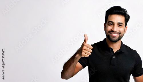 A South Asian man wearing a black polo shirt is giving a thumbs up against a white background.