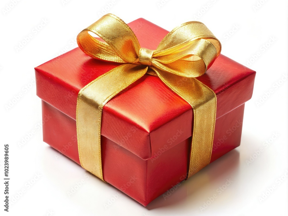 Obraz premium An eye-catching red gift box tied with an elegant golden ribbon, resting on a pure white background, evoking festive cheer for all your celebrations.