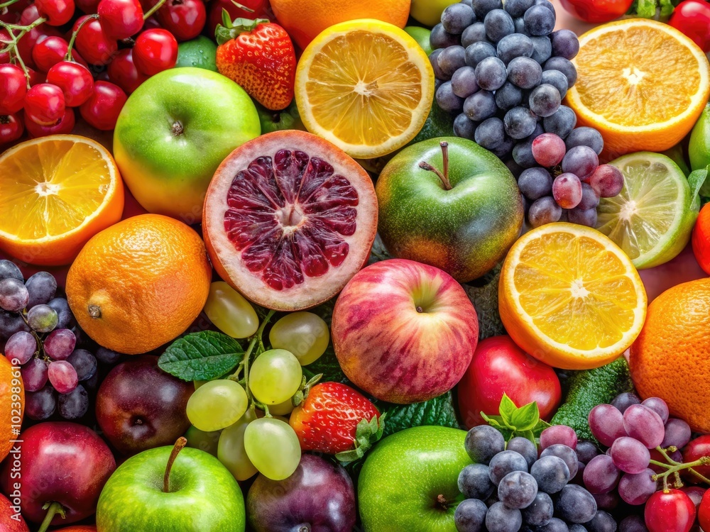 An eye-catching selection of organic grapes, citrus, and apples stands out on a minimalist, neutral background, accentuating their freshness and vivid colors perfectly. An eye-catching selection of organic grapes, citrus, and apples stands out on a minimalist, neutral background, accentuating their freshness and vivid colors perfectly.