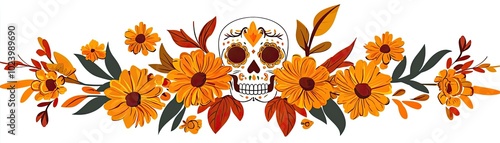 A vibrant floral design featuring bright orange flowers and a decorative skull, perfect for festive and artistic themes.