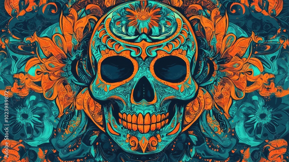 Vibrant ornamental skull design with intricate patterns and bold colors, perfect for artistic and decorative purposes. Vibrant ornamental skull design with intricate patterns and bold colors, perfect for artistic and decorative purposes.