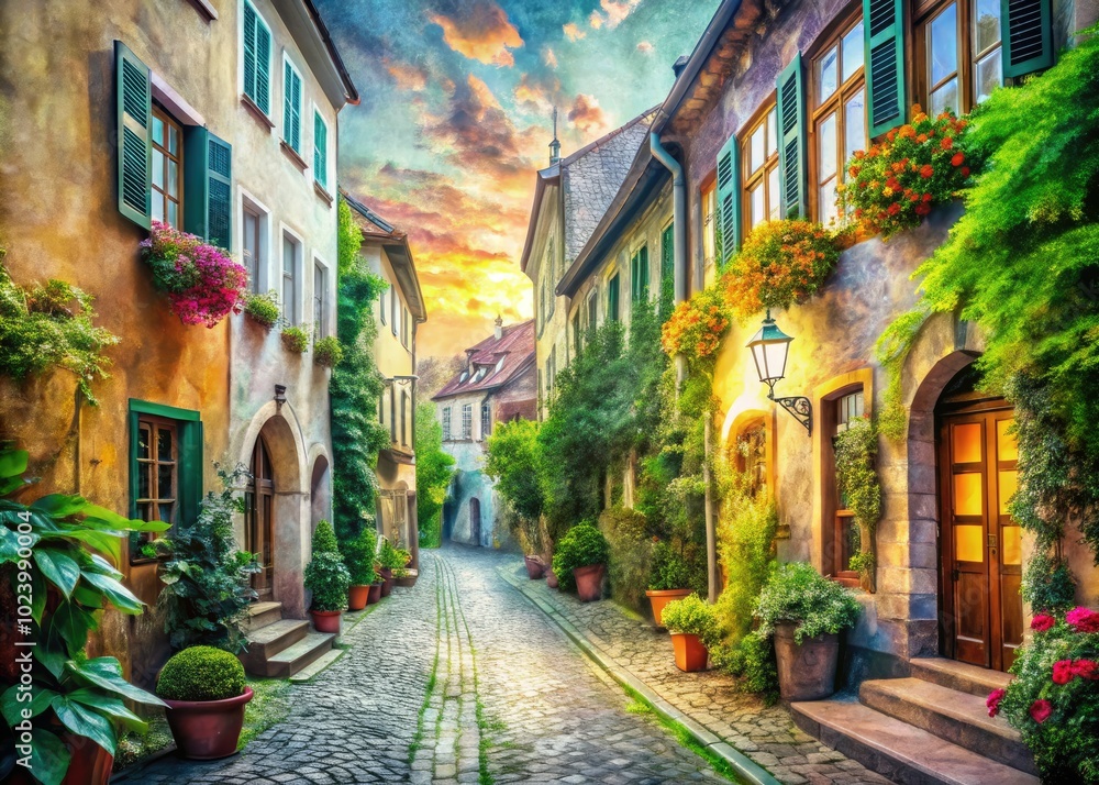 Fototapeta premium A picturesque European urban scene transformed into a double exposure, watercolor washes intertwining, crafting a stunning artistic photograph rich in color and emotion.