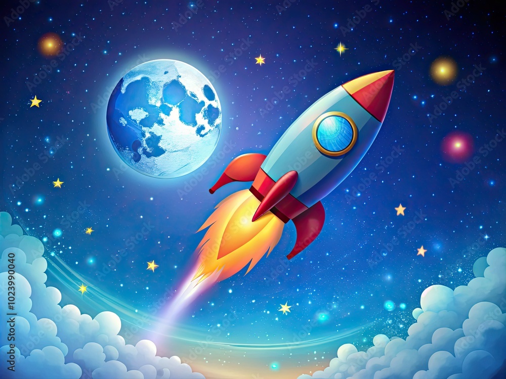 Naklejka premium A playful cartoon rocket zooms across a starry blue sky, dancing under a radiant moon, embarking on a whimsical adventure filled with cosmic wonders.