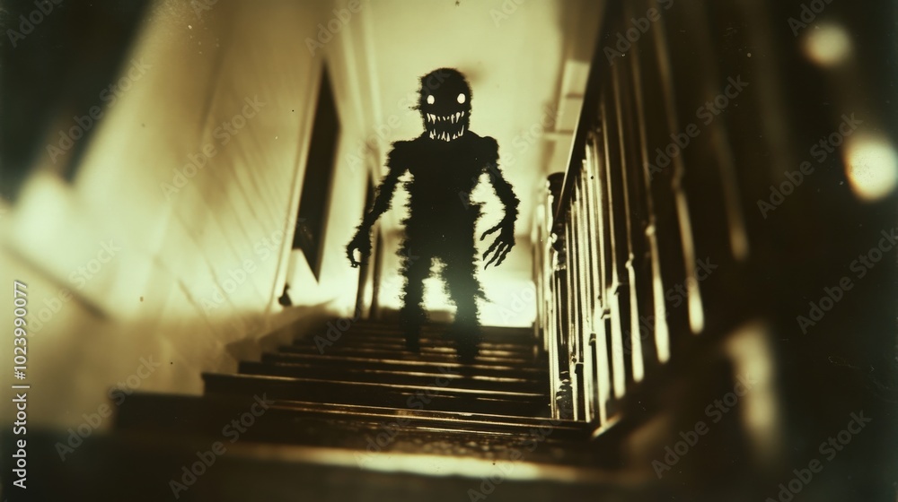 Mysterious figure on stairs, dimly lit hallway creates eerie atmosphere. Mysterious figure on stairs, dimly lit hallway creates eerie atmosphere.