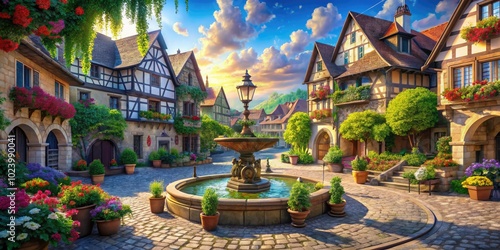 A picturesque village square showcases a grand fountain, its beauty complemented by captivating medieval architecture, inviting passersby to explore its enchanting charm.