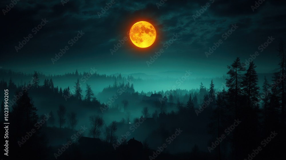 Mysterious forest scene with a glowing orange moon and misty atmosphere. Mysterious forest scene with a glowing orange moon and misty atmosphere.
