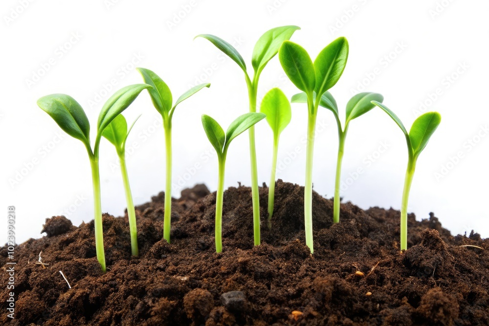 A remote glimpse reveals green sprouts poking through fertile soil, isolated on a bright white background. This scene captures the essence of nature's renewal and vitality. A remote glimpse reveals green sprouts poking through fertile soil, isolated on a bright white background. This scene captures the essence of nature's renewal and vitality.