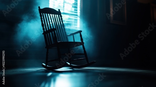 Mysterious rocking chair in foggy room with dramatic lighting, shadows create intrigue. photo