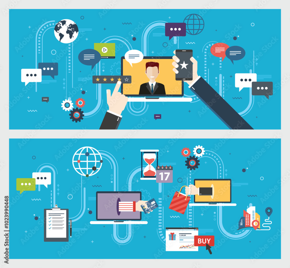 Vector graphic illustration of icon set with concept of digital communication, online reviews and customer feedback in business. E-commerce, shopping cart, online payments and delivery of product. Vector graphic illustration of icon set with concept of digital communication, online reviews and customer feedback in business. E-commerce, shopping cart, online payments and delivery of product.
