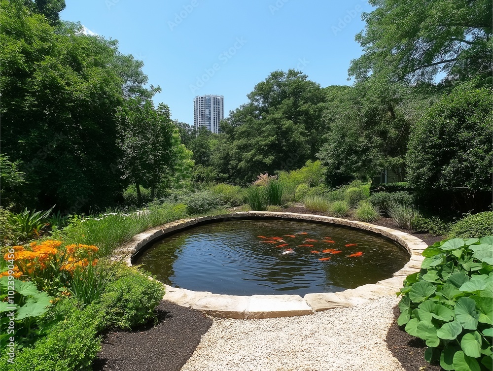 A serene garden features a circular stone-edged pond with vibrant koi fish, framed by lush green foliage and flowers, under a clear blue sky and distant tall building. A serene garden features a circular stone-edged pond with vibrant koi fish, framed by lush green foliage and flowers, under a clear blue sky and distant tall building.