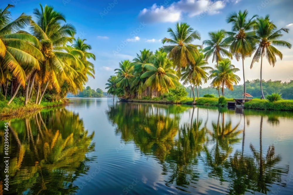 A serene island adorned with lush palm trees, embraced by peaceful backwaters, showcases the breathtaking beauty of India's picturesque landscape. A serene island adorned with lush palm trees, embraced by peaceful backwaters, showcases the breathtaking beauty of India's picturesque landscape.
