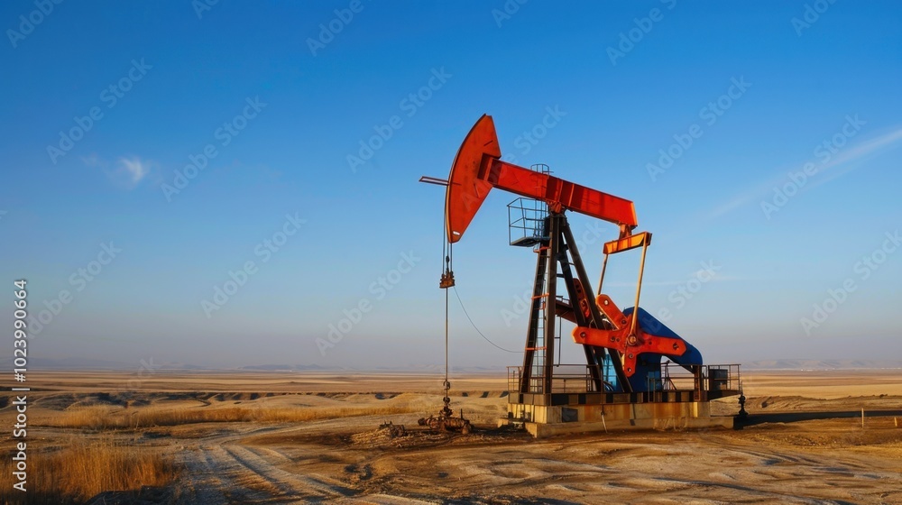 Naklejka premium Oil Pump Jack in Open Landscape at Sunset