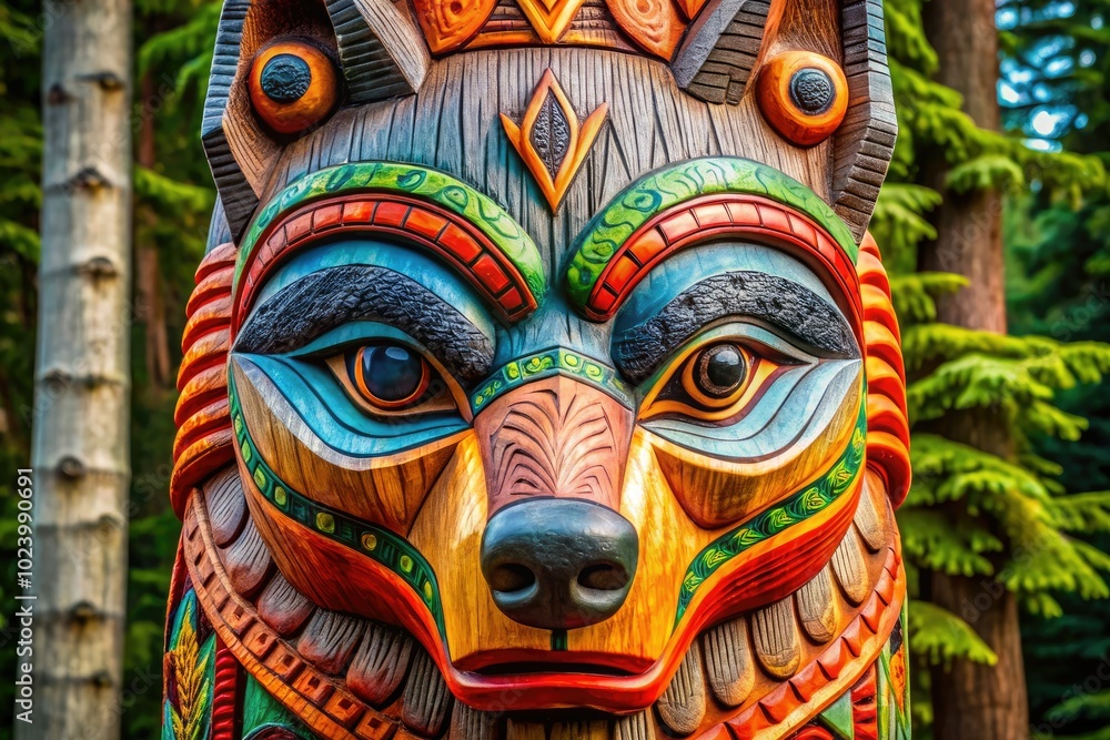 Fototapeta premium The detailed wolf face on a totem pole showcases Indigenous artistry, embodying cultural heritage, strength, and the deep-rooted spiritual connection to nature and ancestry.