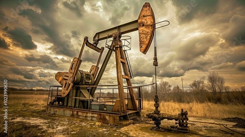 Rustic Oil Pump in an Open Field Under Dramatic Skies