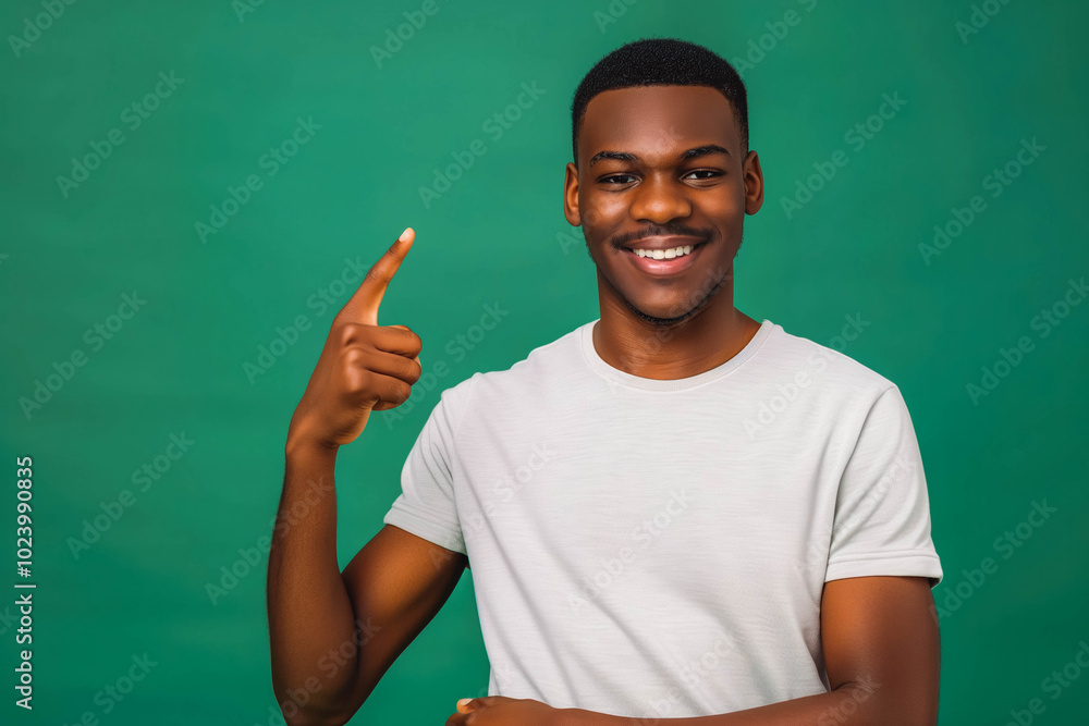 Choose this. African american male person with toothy smile on face pointing with index finger on empty space over green background. Handsome young guy indicating place for advertising text in studio Choose this. African american male person with toothy smile on face pointing with index finger on empty space over green background. Handsome young guy indicating place for advertising text in studio
