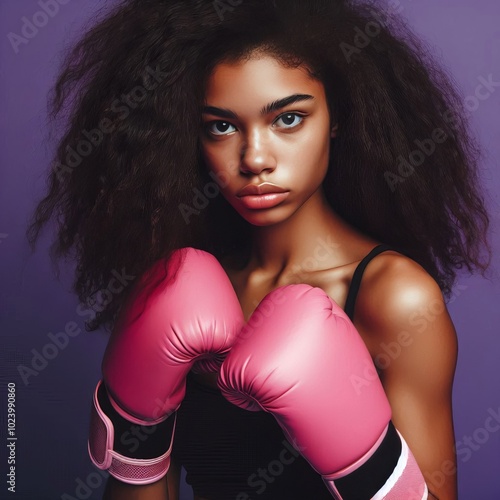 An afro woman wearing pink boxing gloves prepares for a fight, showcasing strength and beauty in a fitness setting