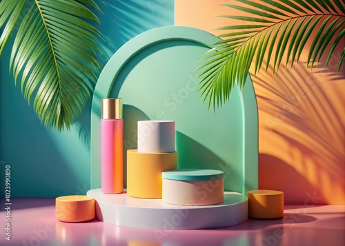 A sleek cylinder and geometric platform create a minimalist summer scene, perfect for showcasing a variety of cosmetic products in an elegant and inviting way.