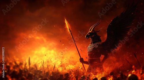 Mythical warrior in flames wielding a spear, dramatic fiery background. photo