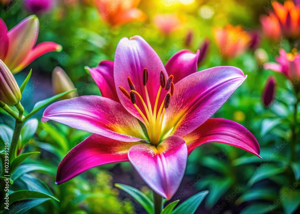 The Oink Lily flower opens gracefully in the garden, showcasing vivid hues while set against a softly blurred backdrop, creating a mesmerizing scene of tranquility. The Oink Lily flower opens gracefully in the garden, showcasing vivid hues while set against a softly blurred backdrop, creating a mesmerizing scene of tranquility.