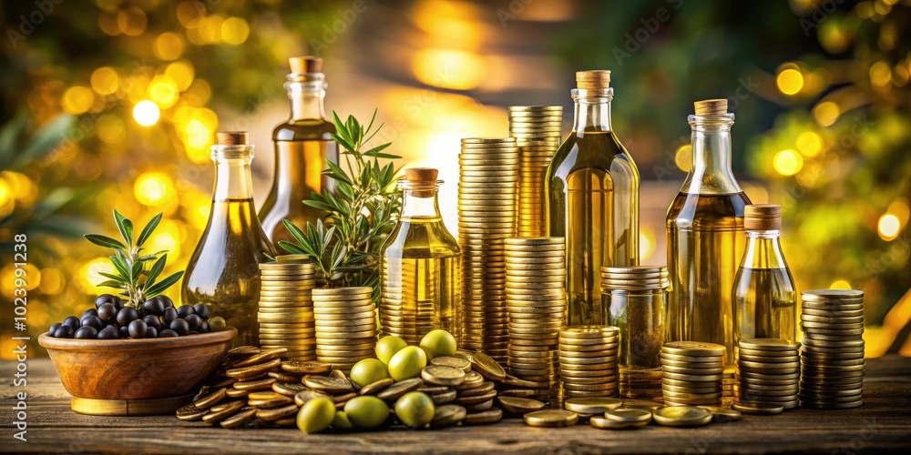 Assorted Olive Oil Bottles Surrounded by Gold Coins for Culinary and Gourmet Themes Assorted Olive Oil Bottles Surrounded by Gold Coins for Culinary and Gourmet Themes