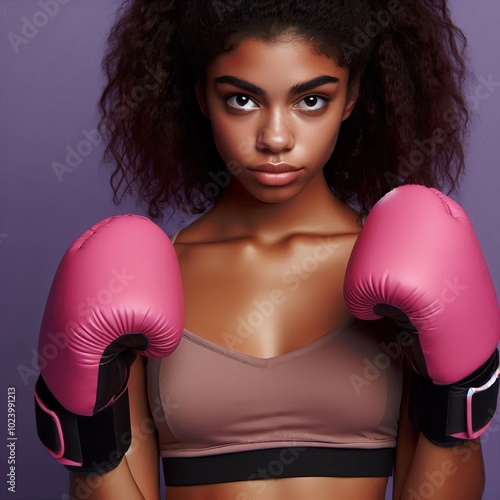 A afro woman wearing pink boxing gloves is training and preparing for a fight, showcasing her strength and beauty