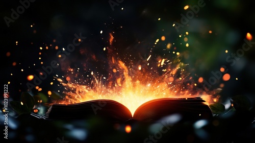 Open book with glowing sparks and bursts of light surrounding it