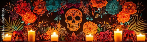 A vibrant decorated skull surrounded by colorful flowers and candles, perfect for celebrating life and honoring traditions.