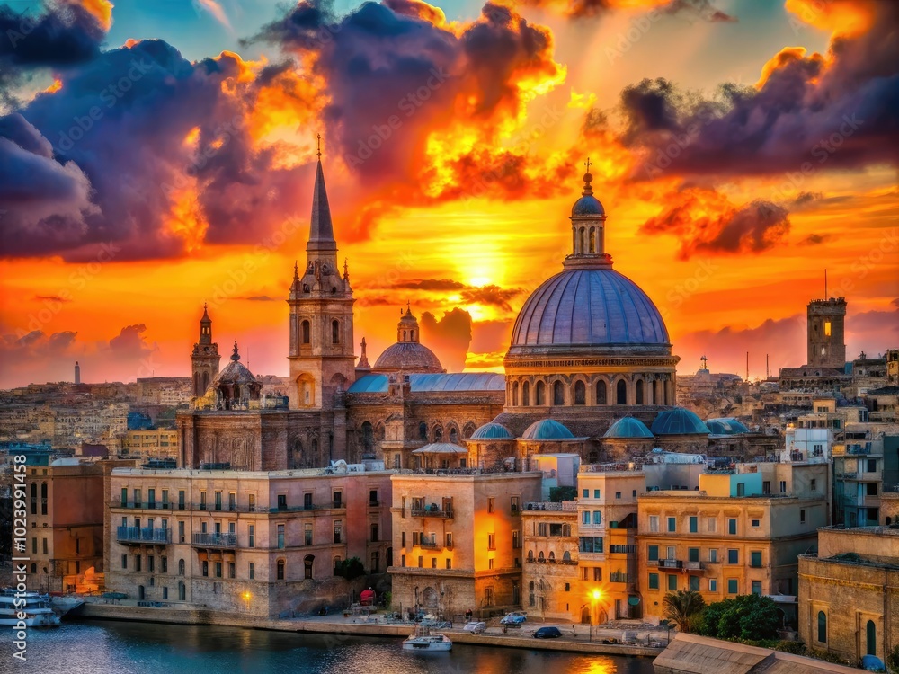Fototapeta premium The stunning Malta skyline displays historic buildings beneath a vibrant sunset, with brilliant colors painting the sky, creating a breathtaking and unforgettable evening panorama.