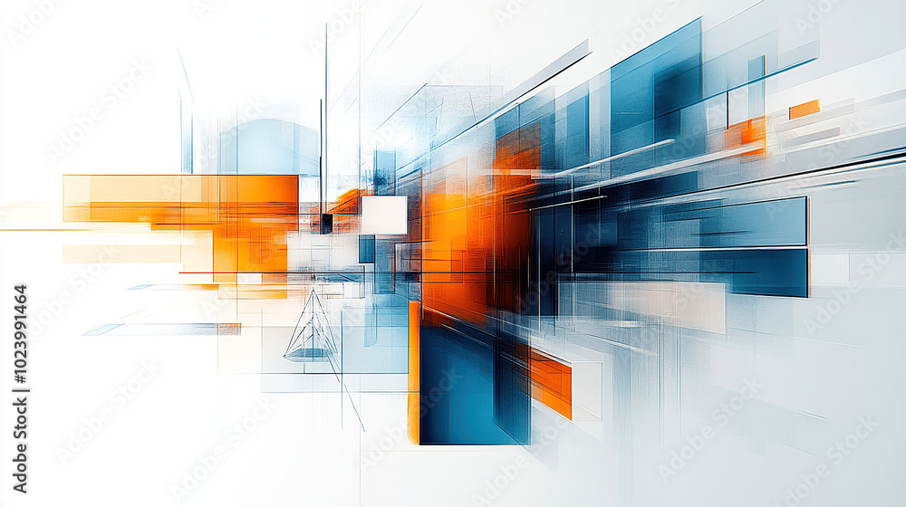 Fototapeta premium Abstract composition of blue, orange, and white shapes, lines, and circles. Digital illustration with a white background