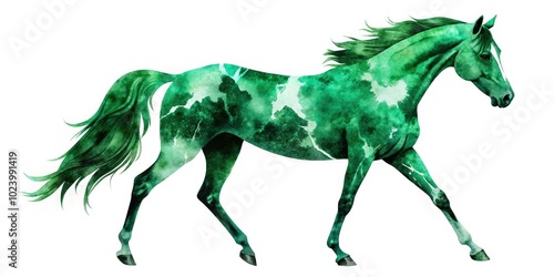 A striking silhouette of an Arabian horse, enriched with vibrant emerald watercolor textures, captures the spirit of equestrian art and the beauty of these noble animals.