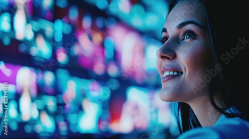 Woman Smiling While Watching Colorful Screens