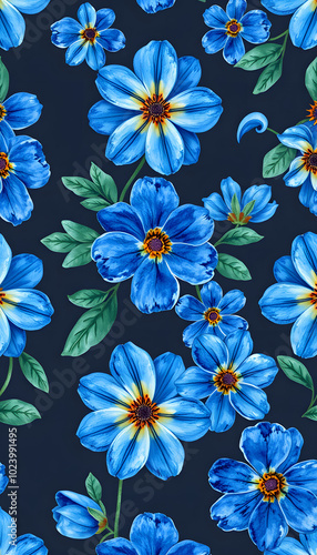 Blue watercolor flower seamless pattern isolated with white highlights, png