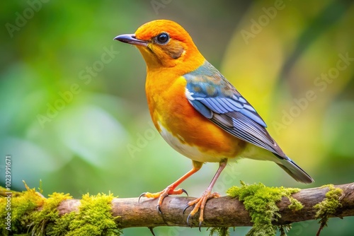 A stunning Orange-headed Thrush rests gracefully on a branch, surrounded by vibrant foliage, showcasing the enchanting beauty of nature in a lush forest habitat.