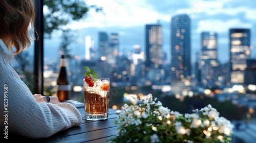 A vibrantly lit cityscape viewed from a rooftop terrace, with a refreshing cocktail adorned with fruits and floral decoration, capturing nightlife excitement. photo